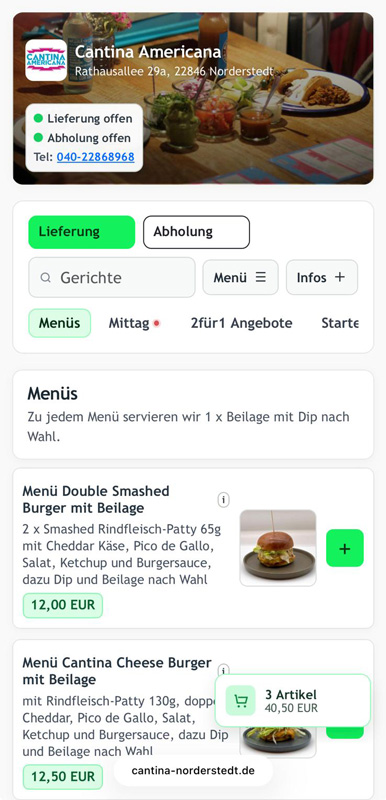 Mobile Vorschau eines order3 Food Bestellshops am Beispiel Cantina Americana